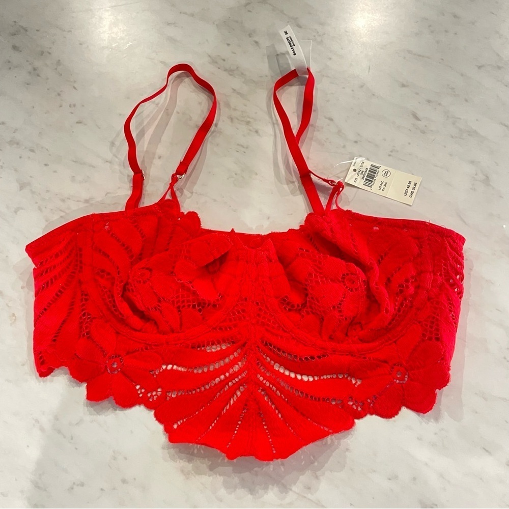 Aerie Red and Gold Lace Balconette Bra with Underwire and Scalloped Trim - Picture 3 of 12